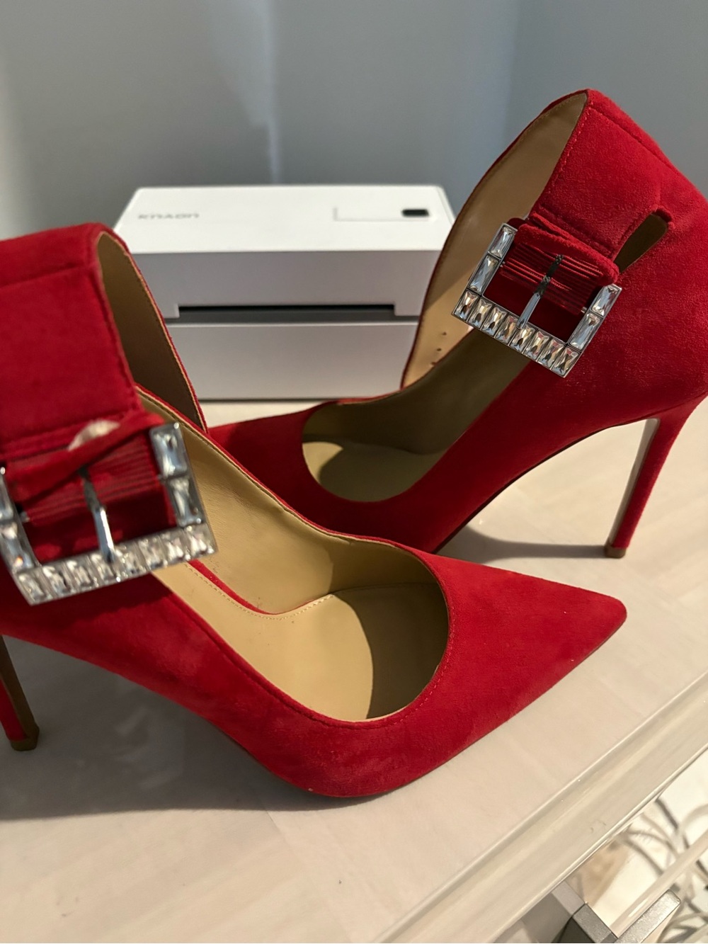 Red Suede Pointed-Toe Stiletto Heels with Crystal Buckle